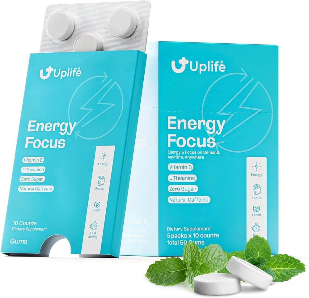 UPLIFE Focus and Energy Gum 20 Pcs – Made in USA – 40mg Natural Caffeine + 80mg