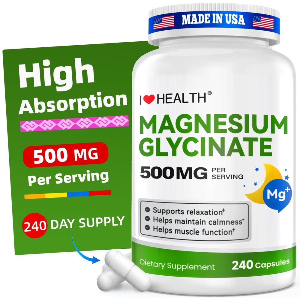 Magnesium Glycinate 500mg per Capsule 240 Capsules High Absorption