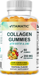 Vitamatic Hydrolyzed Collagen Gummies with Vitamin C, Zinc & Biotin -60 Gummies