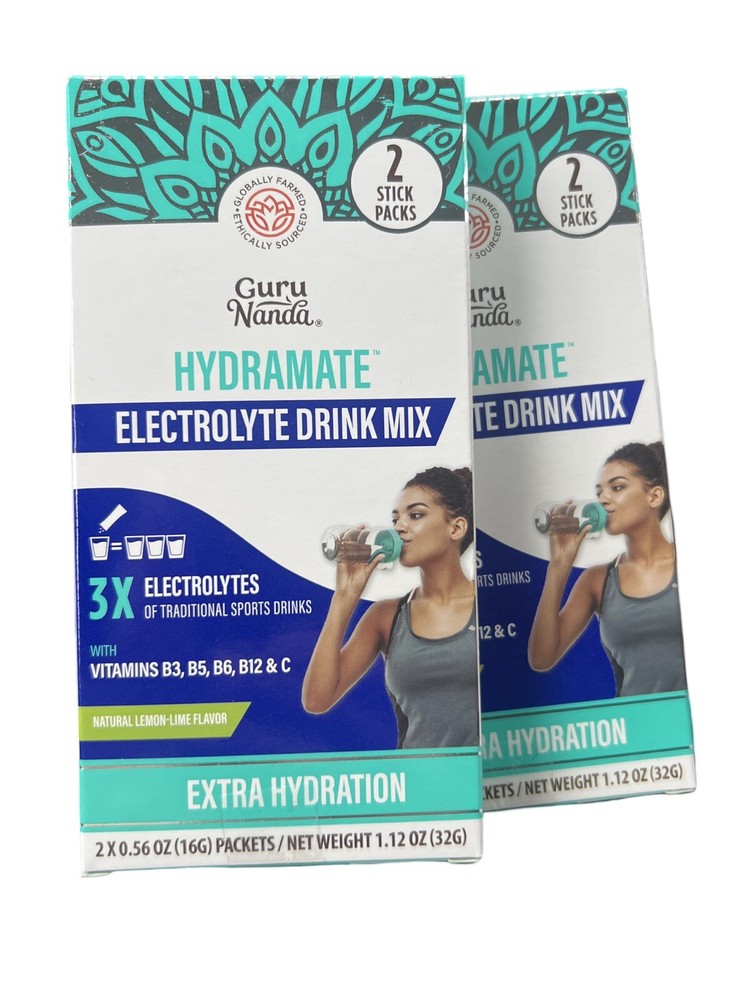 GURU NANDA HYDRAMATE Electrolytes Drink Mix Extra Hydration W/ Vitamins 2 Boxes.