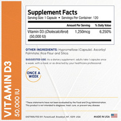 Forestleaf Vitamin D3 50,000 IU, Weekly Dose, High Potency, 120 Capsules