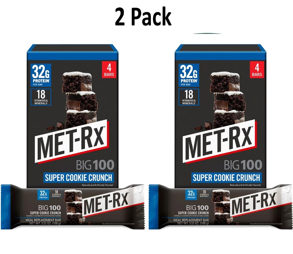 MET-Rx Big 100 High Protein Meal Replacement Bars, Super Cookie Crunch, 4 Ct