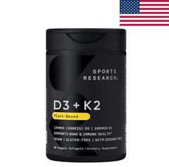 Sports Research Vegan Vitamin D3 K2 5000 IU 60 Softgels Coconut Oil MK-7