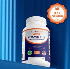 Vitamatic Vegan B12 1000 mcg – Methyl B12 with Folic Acid, Vitamin B6 – 180 Caps