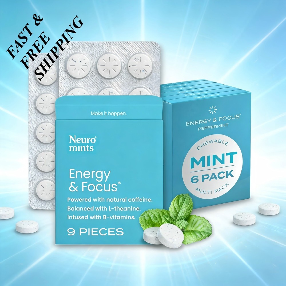 NEW LUXRY Neuro Energy & Focus Mints Peppermint 6-Pack Caffeine Vegan Zero Sugar