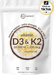 Vitamin D3 10000 iu Plus K2 (MK-7) 200 mcg, 300 Virgin Coconut Oil Softgels NEW