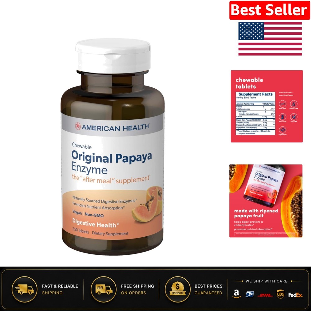 Natural Digestive Support: 250 Chewable Papaya Enzyme Tablets – & Non-GMO