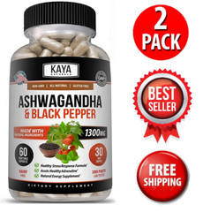 (2 Pack) Organic Ashwagandha 1300mg Anxiety Supplement w/ Black Pepper Root Pow