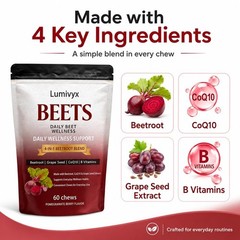 Beet Chews – Beetroot Blend with CoQ10 & Grape Seed Extract, Pomegranate Flavor,