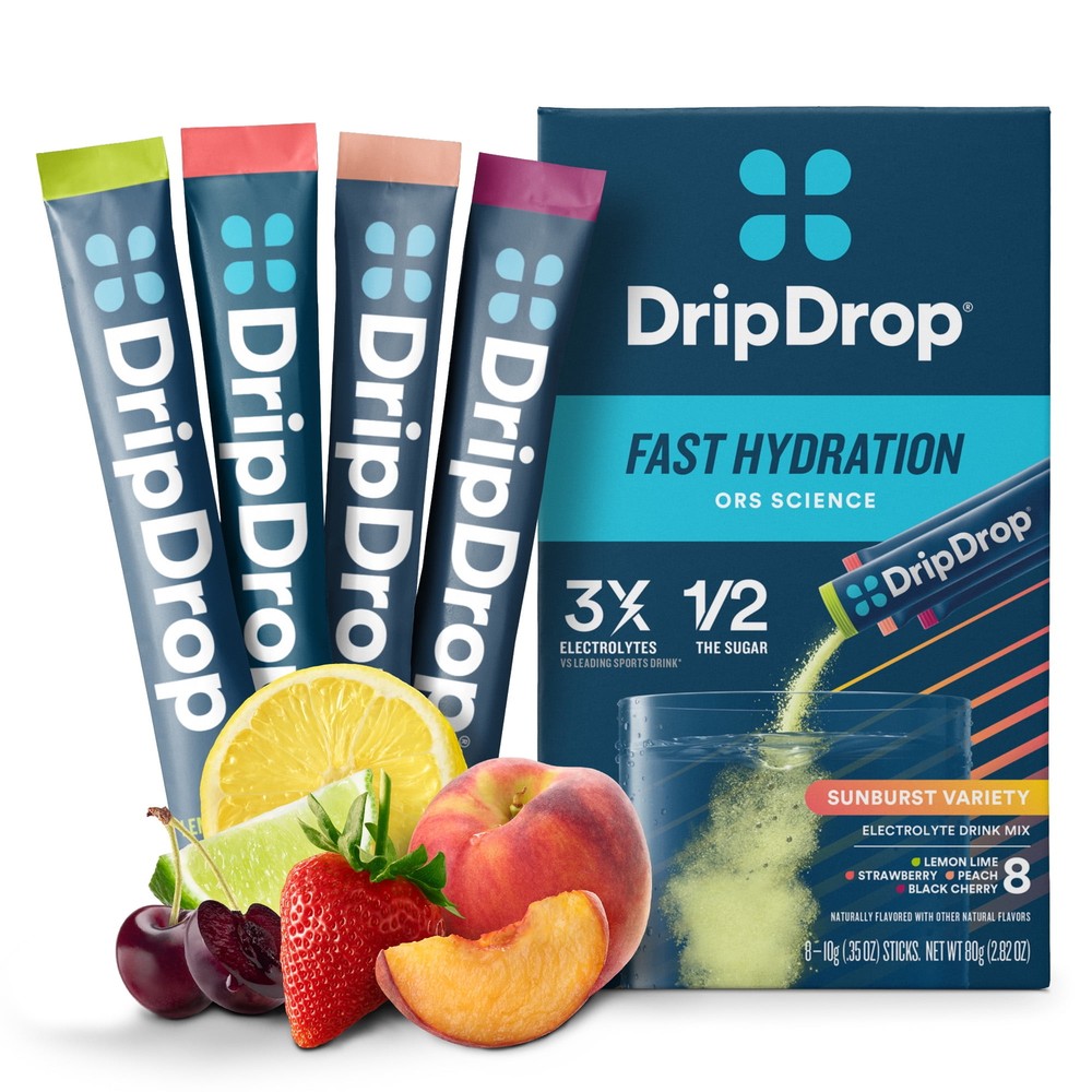 DripDrop Sunburst Electrolyte Powder Mix, Lemon Lime, Strawberry, Peach, Cherry