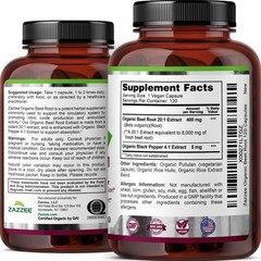 Organic Beet Root 20:1 Extract Capsules 120ct Nitric Oxide Support Vegan/USA
