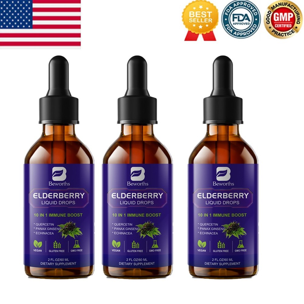 3PACK Black Elderberry Liquid, Black Elderberry Extract, Vitamin C, D3, Zinc 2OZ