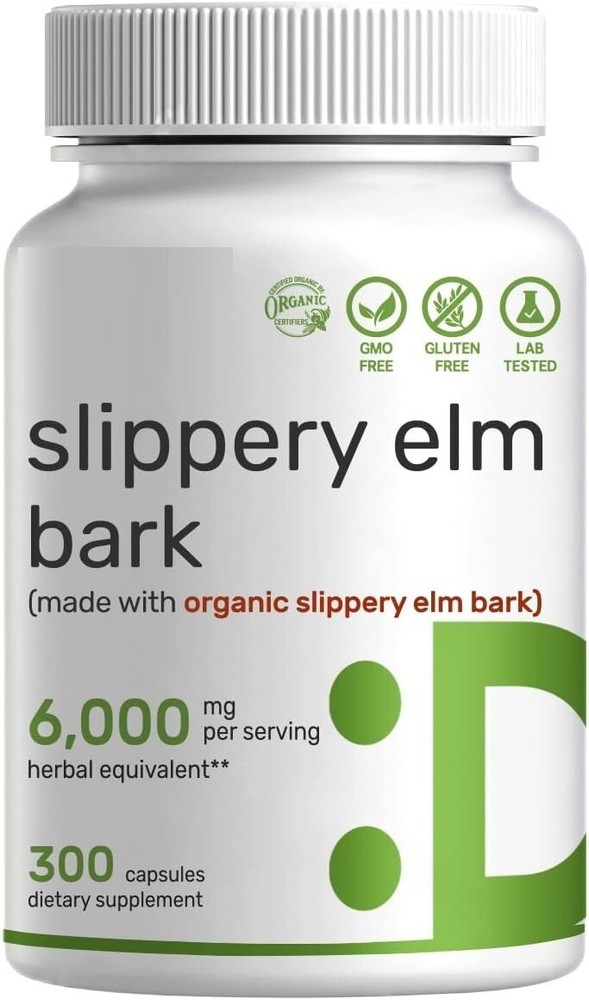Slippery Elm Bark 6000mg 300 Caps Non GMO/No Preservatives/No Gluten/Organic