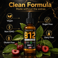 BASIC GREENS B12 Liquid Drops 5000mcg Sublingual Methylcobalamin Vegan 2oz