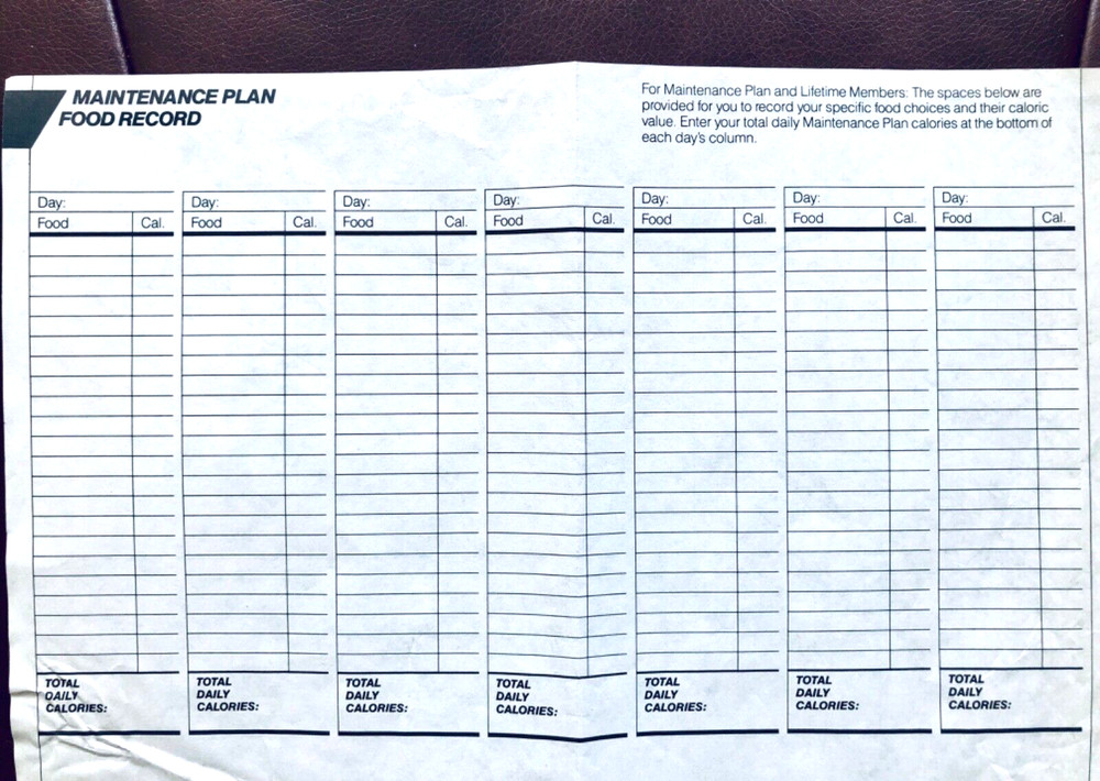 Vintage Weight Watchers Maintenance Plan Blank Food Record Diary 1983