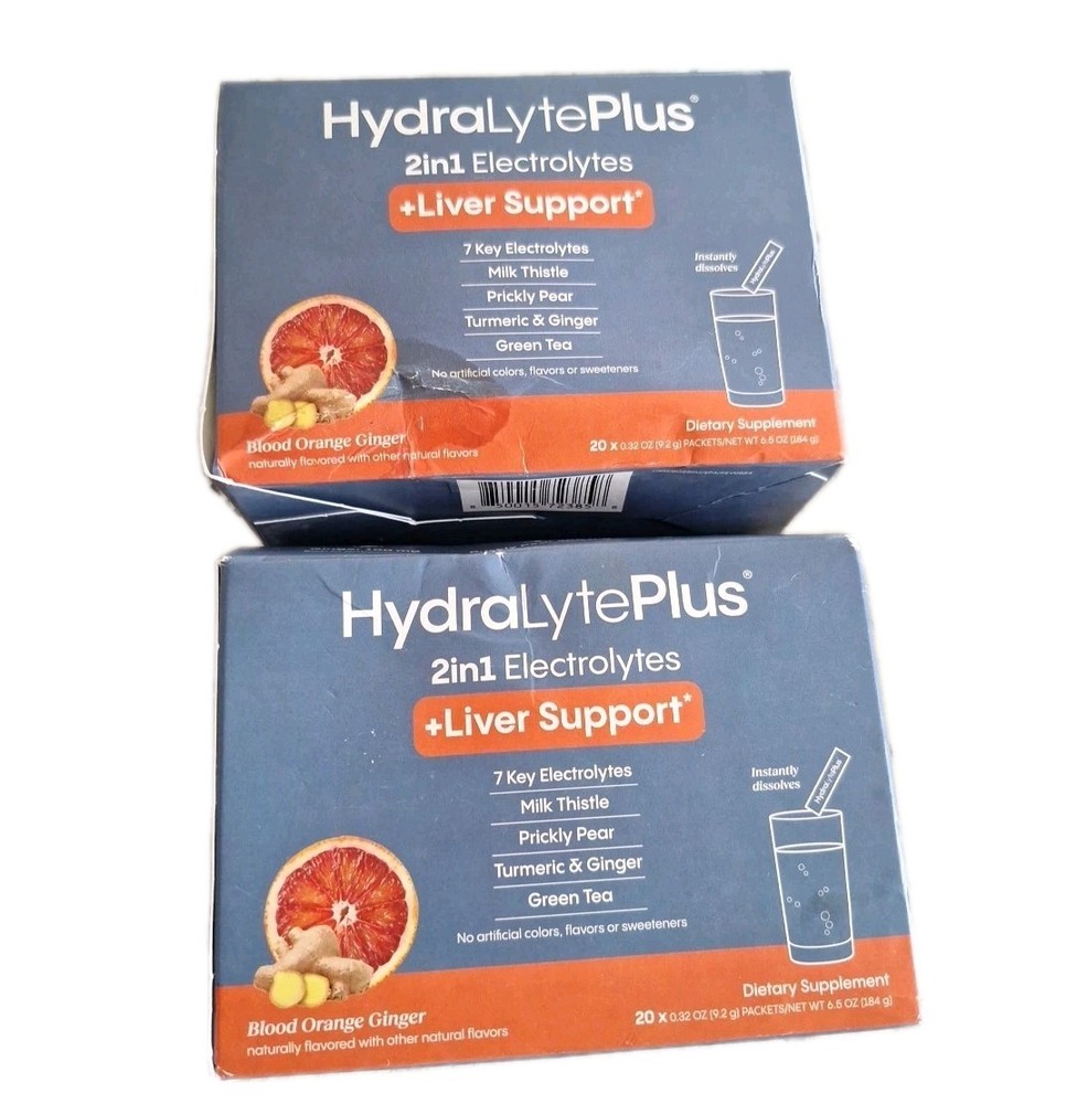 2 HYDROLYTE PLUS Liver Support Electrolyte DRINK Mix 40 Packets ORANGE GINGER