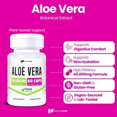 Healthfare Aloe Vera 40,000mg 60 Capsules Digestive Support Non-GMO Made in USA
