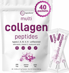 Multi Collagen Peptides Powder, 40 Stick Packs | Type I, II, III, V, X + Biotin,