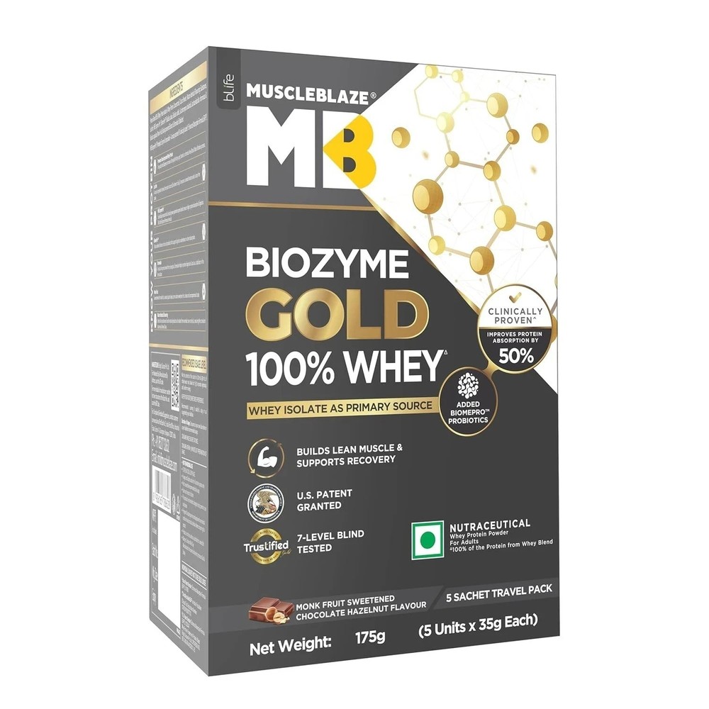 MuscleBlaze Biozyme Gold 100% Whey Protein Powder Sweetened Chocolate 5x35g q420