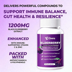 Elvera Organic Black Elderberry Soft Capsules (120Ct) – 3-In-1 Gut Support Compl