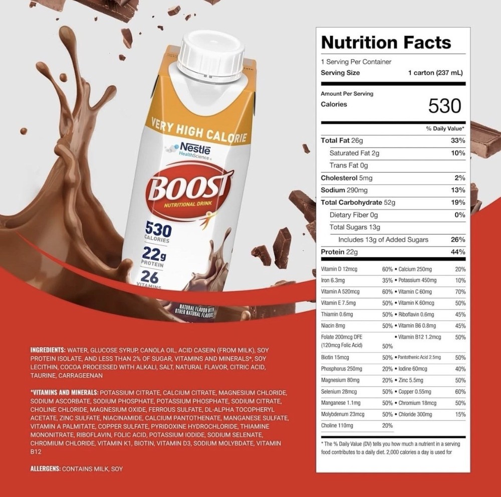 Nestle Boost Very High Calorie Complete Nutritional Drink Chocolate 8 oz 24 Ct