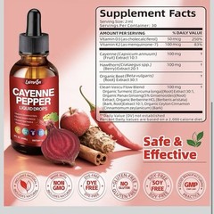 Cayenne Pepper Liquid Drops Supplement Hawthorn Berry, Vitamin D3 K2, Beet Root