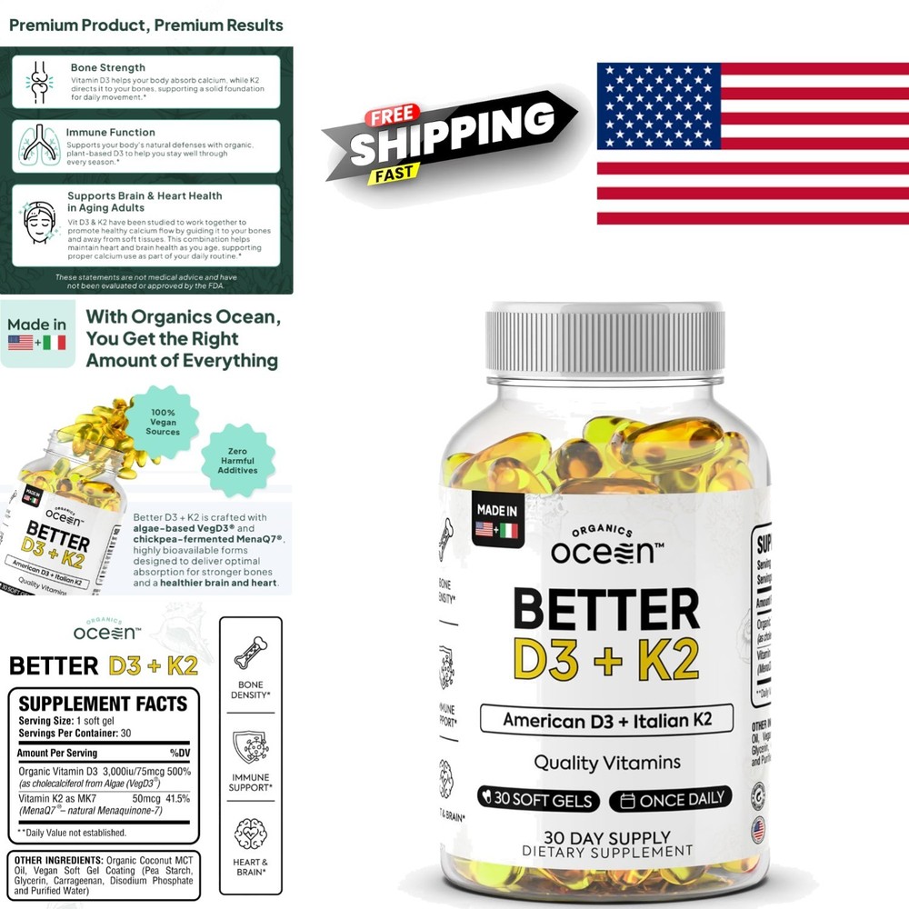 High Bioavailability D3 and K2 Supplement for Bone Density 30 Softgels