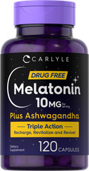 Melatonin 10mg | 120 Capsules | with Ashwagandha | Triple Action | by Carlyle