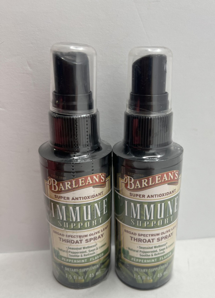 Barlean’s Immune Support 2pk Olive Leaf Throat Spray 1.5 oz Peppermint Exp 10/26