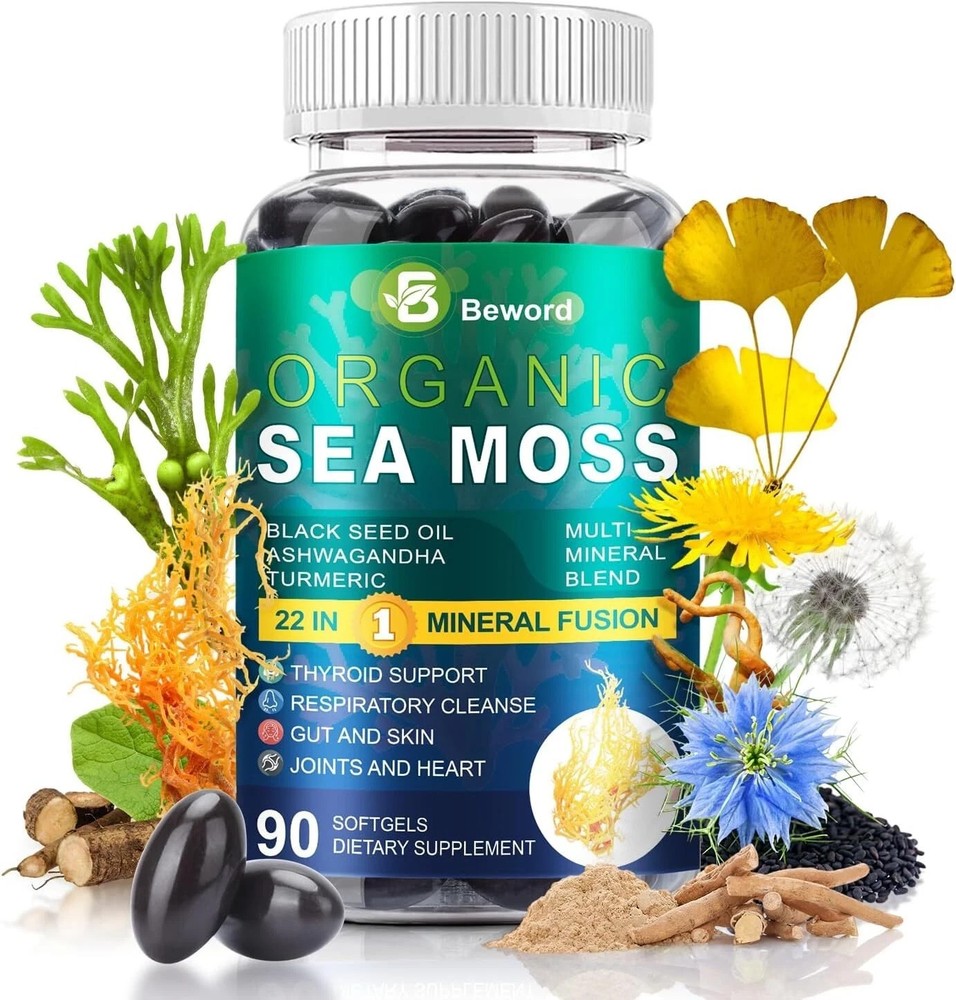 Organic Sea Moss Softgels, 90 Capsules – with Irish Sea Moss, Vitamin C, D3, …