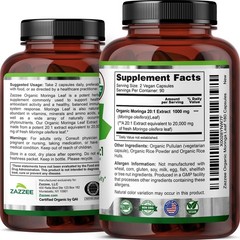 Zazzee Organic Moringa Extract 180 Capsules 7500 mg Strength 10:1 Antioxidant