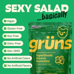 Gruns Super Greens Gummies – 28ct – Spirulina, Chlorella & Prebiotic
