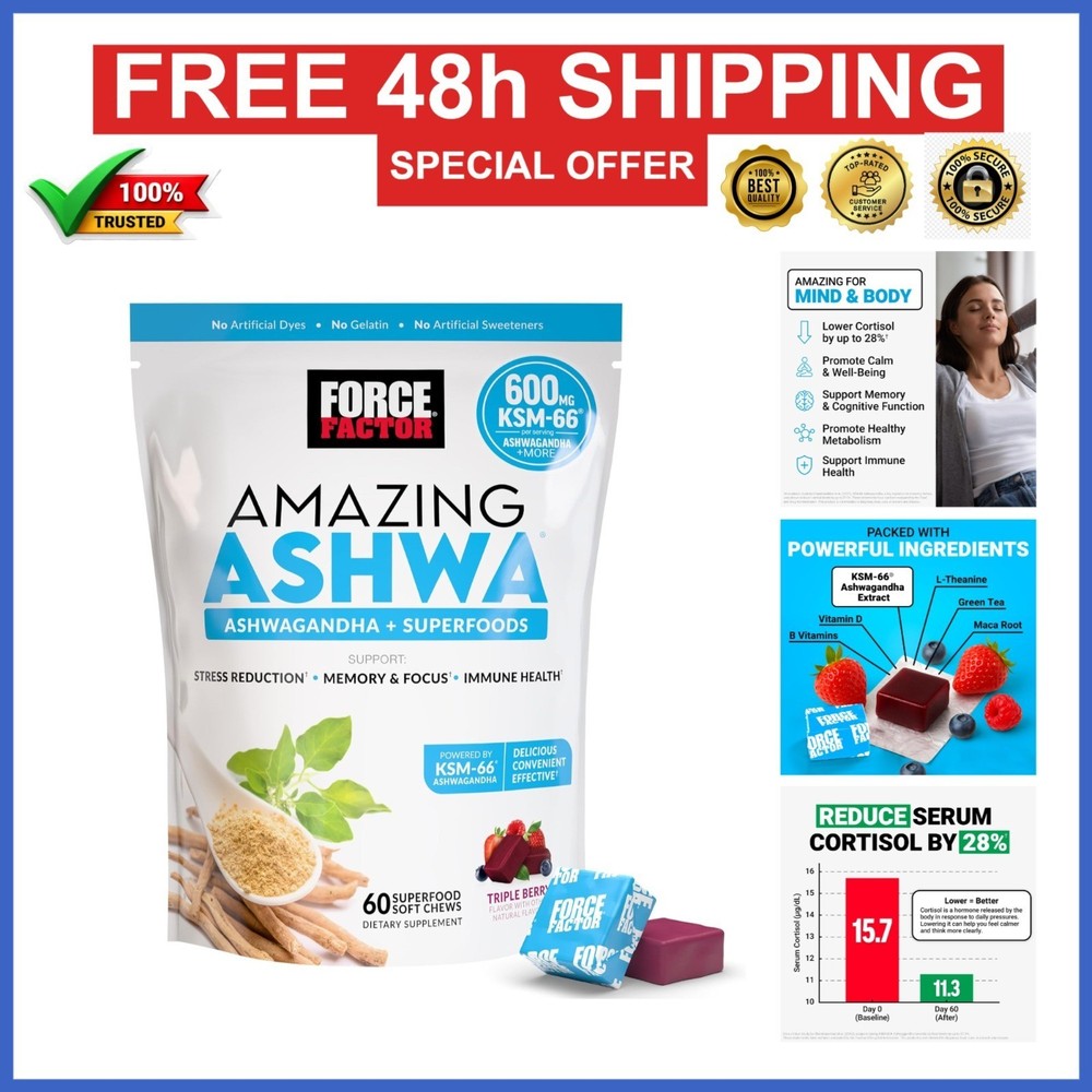 Force Factor Amazing Ashwa Soft Chews for Stress Relief & Focus