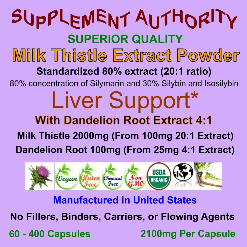 Milk Thistle Extract Powder Capsules with Dandelion Root Extract – 80% Silymarin
