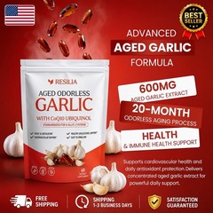 Resilia Garlic Extract 600mg Softgels (60 Count) – Odorless Aged Garlic Extra…