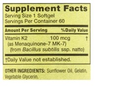 Spring Valley Vitamin K2 Supplement Soft Gel Capsules 100 Mcg 60 Count
