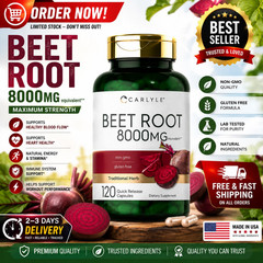 USDA Organic Extra Strength Beet Root 20:1 Extract 8000 mg Strength 120 Capsules