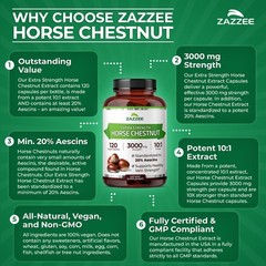 Zazzee Extra Strength Horse Chestnut 10:1 Extract, 3000 mg Strength, 20% Aescins