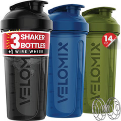VELOMIX 3 Pack 14 Oz Protein Shaker Bottle for Mixes – 1 Wire Whisk Ball
