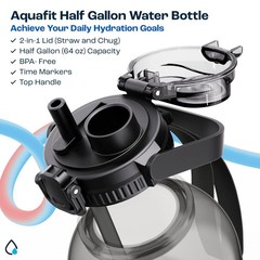 AQUAFIT 64 oz Water Bottle with Time Marker – 2in1 Straw & 64 Ounces, Gray