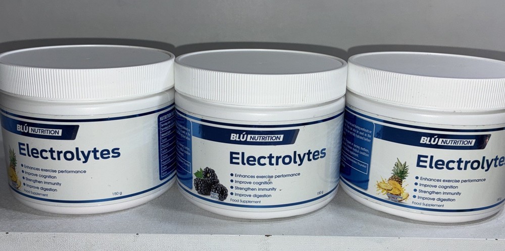 3 Sealed Blu Nutrition Electrolyte+ Supplement, 2 Pineapple + 1 Berry 160g Each