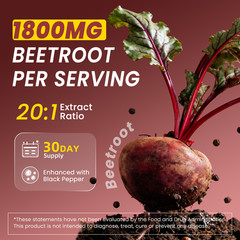 60 Capsules Beet Root 1800 mg Strength 20:1 Extract, for Blood Flow & Hear
