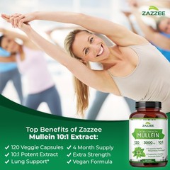 Zazzee Extra Strength Mullein 10:1 Extract, 3000 mg Strength, 120 Vegan Capsules