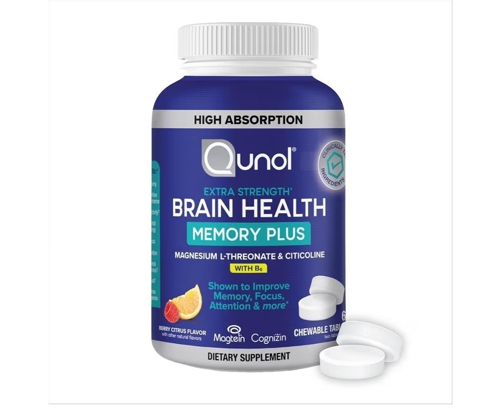 Qunol Brain Health Memory Plus Chewable Tablet with B6, Magnesium L-Threonate
