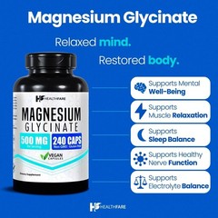 HealthFare Magnesium Glycinate 500mg | 240 Veg Capsules | High-Absorption