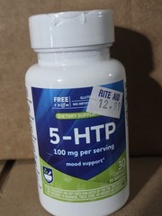 5-HTP by Rite-Aid• 100mg per serving• 30 Capsules• Gluten-Free• best by 3/27