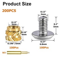 200Pcs Threaded Inserts Bolt Set 100pcs M3x4x5 Heat Set Insert Brass Nut with…