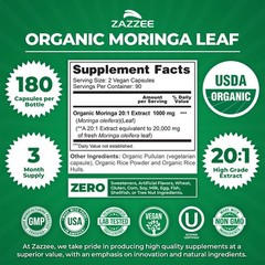 Zazzee Organic Moringa Extract 180 Capsules 7500 mg Strength 10:1 Antioxidant