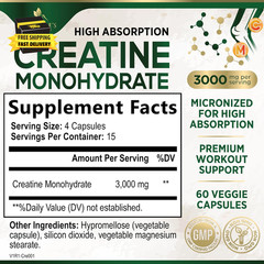 Creatine Monohydrate 3000Mg per Serving – Micronized Creatine Powder Capsules –