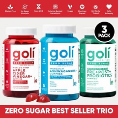 goli 3 Pack Gummy 0-sugar Pre-Post Probiotic, Apple Cider Vinegar, Ashwaganda